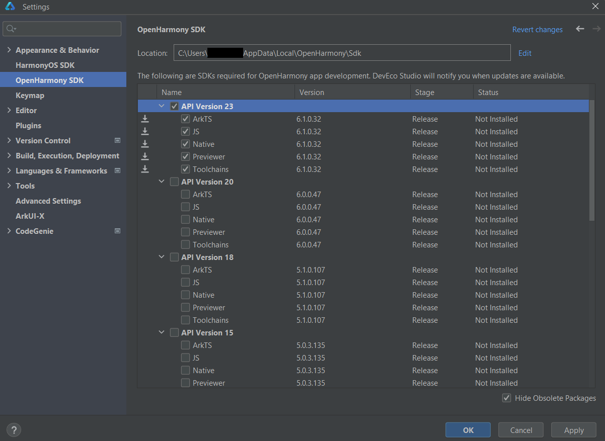 OpenHarmony SDK settings page listing API versions 23, 20, 18, and 15 with their ArkTS/JS/Native/Previewer/Toolchains components