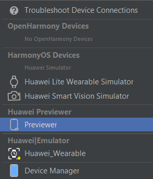 Run target dropdown with Previewer selected under Huawei Previewer, alongside OpenHarmony Devices, HarmonyOS simulators, and Huawei|Emulator entries