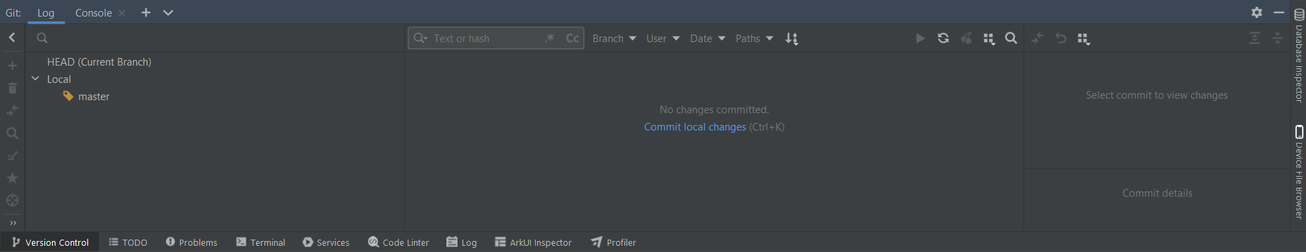Version Control tool window's Git Log tab, showing the Local/master branch tree and a Commit local changes link