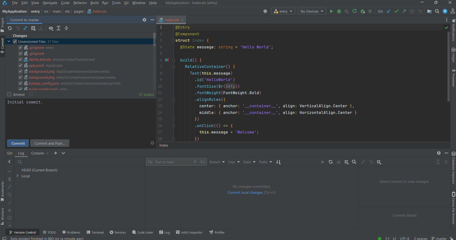 Full DevEco Studio IDE with the Commit tool window open, listing unversioned files staged for the initial commit alongside the editor and Git Log tab