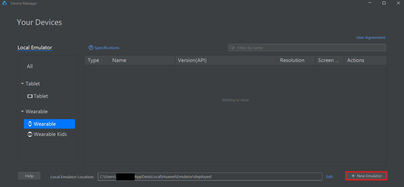 Select Virtual Device screen listing device types, API versions, and a download action per row