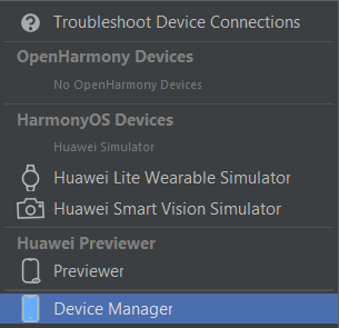 Run target dropdown with Device Manager listed under Huawei|Emulator