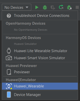 Run target dropdown with a created emulator selected under Huawei|Emulator