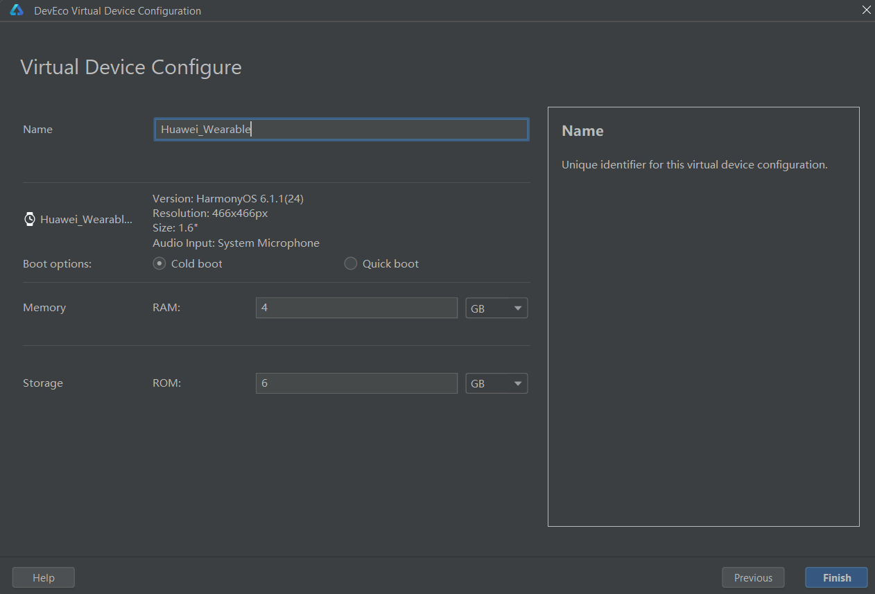 Virtual Device Configure screen with name, screen profile, boot options, RAM and ROM fields