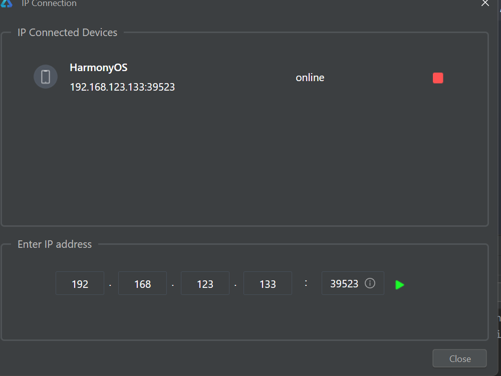IP Connection dialog showing a device listed as online, with fields to enter a new IP address and port