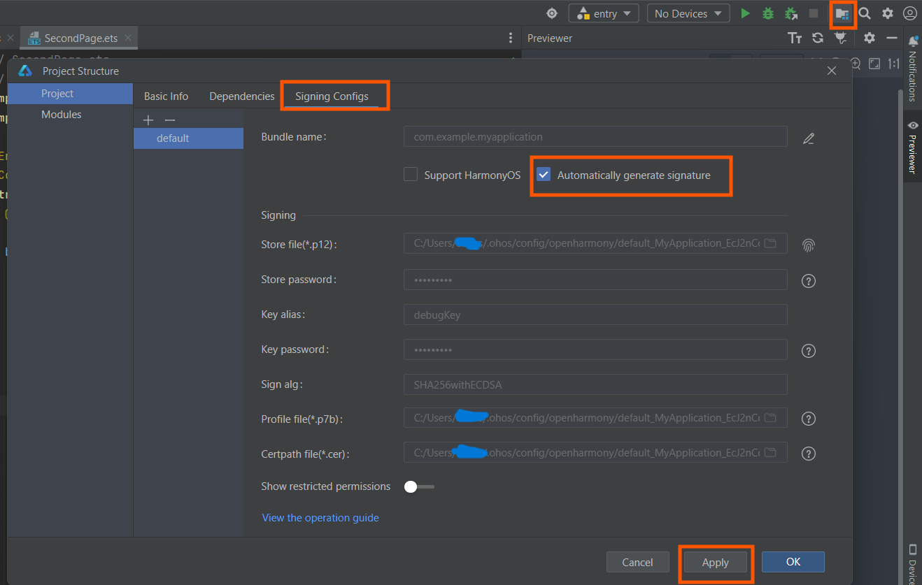 Project Structure dialog, Signing Configs tab, with Automatically generate signature checked