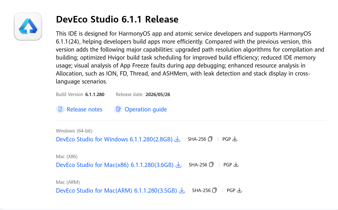 DevEco Studio download page listing the Windows, Mac (X86), and Mac (ARM) installers