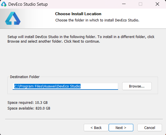 Choose Install Location step, showing space required and space available