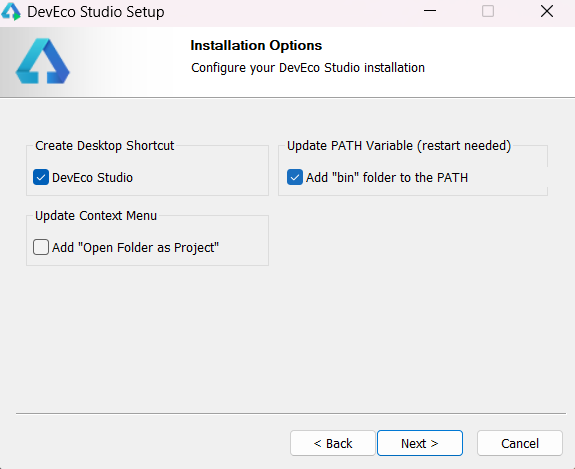 Installation Options step: desktop shortcut, PATH variable, and context menu checkboxes