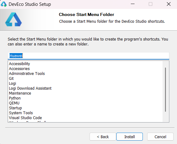 Choose Start Menu Folder step with the Install button